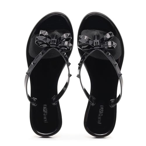 Image of Studded Jelly Shoes for Womens Bow Flip Flops Jellies Sandals Flat Black Summer Beach Thong with Rivets Strappy Slides Slip On