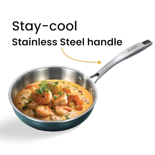 Image of Hawkins 22 cm Triply Stainless Steel Olive Frying Pan | Induction & Gas Compatible | Easy-Clean Ceramic Exterior | with Lid | Green (POSF22G)