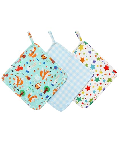 Image of Baby Lovey Security Blanket Set of 3, Bamboo-Derived Viscose, Super Soft and Breathable Baby Blanket with Attachable Loop, 9.5 inch*9.5 inch, Plaid /Star /Animal Party