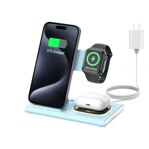 3 in 1 Foldable Charging Station for Apple Products,Fast Wireless Charger Travel Dock Adapter&Light for iPhone 15/14/13/12/11/X/XS/XR 8,iWatch Ultra2/9/Ultra/8/7/6/SE/5/4/3,Air Pods 3/2/Pro/2 (White)
