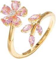 Kokoma Pink Cubic Zirconia Flower Leaf Wrap Ring for Women - Adjustable Open Band Floral Statement Jewelry