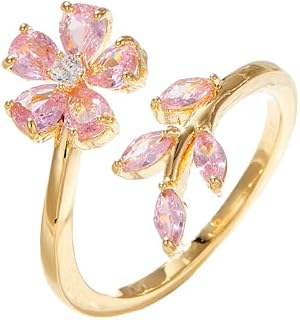 Kokoma Pink Cubic Zirconia Flower Leaf Wrap Ring for Women - Adjustable Open Band Floral Statement Jewelry