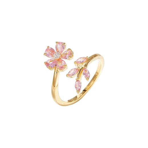 Kokoma Delicate Flower Leaf Wrap Finger Ring for Women Pink Cubic Zirconia Crystal Floral Statement Ring Promise Engagement Rings Adjustable Open Band
