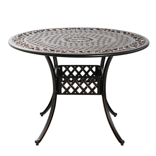 Image of Cast Aluminum Outdoor Dining Table 42 inch Round Patio Dining Table with 1.7 inch Umbrella Hole,Large Garden Patio Table for 4-6 People, Bronze