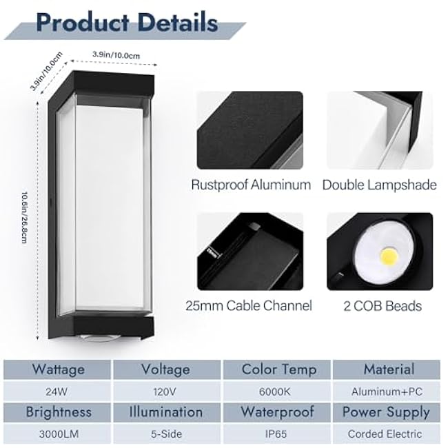 LED Exterior Lighting Fixtures, 24W IP65 Waterproof Outdoor Wall Sconce, 3000LM 6000K Porch Lights with Double Lampshades, Black Wall Lamps for Outside, Modern Wall Mount Lighting for Entryway