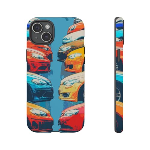 Coque rigide mate iPhone 15 Plus style artistique voitures multicolores