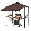 CHARMELEON 8x8 FT Grill Gazebo, Grill Canopy with Big Awning&2 Side Shelves&6 Hooks&Bottle Opener, Powder-Coated Steel BBQ Shelter for Patio Backyard Outdoor Grilling-Brown