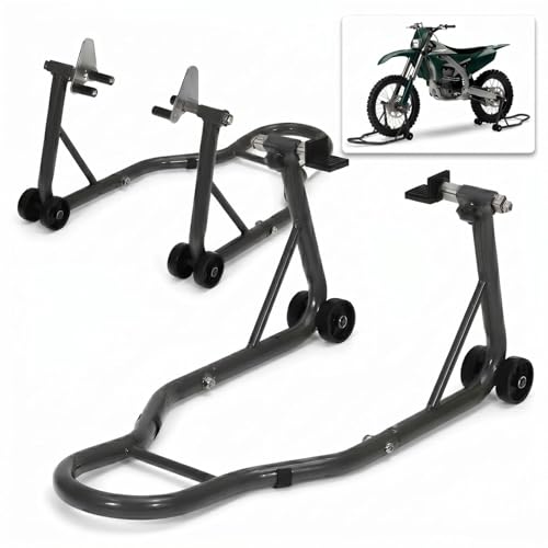 PioneerWorks 900LBS Heavy Duty Motorcycle Stand Lift, Steel Paddock Stand Front and Rear Wheel Lift Stand Combo for Yamaha Honda Kawasaki Suzuki BMW and Most Sport Bikes 2 Packs Black
