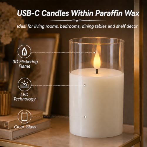 Image of Lezonic Rechargeable Flameless Glass Pillar Candles Set of 3, White Real Wax LED Type-C USB Electric Battery Operated Candles with Remote Timer, Flickering Long Lasting for Bedroom Living Room Decor