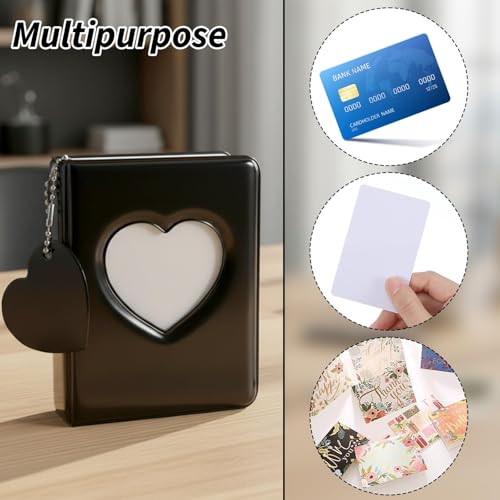 Image of Mini Photo Album, Mini Photo Album Keychain, Small Photo Card Book Love Heart Hollow Photos Card ID Holder with Pendant for Collection, 32 Pockets(Black)