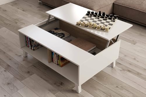 Dmora - Tavolino da salotto Lincoln, Tavolino da caffè con piano elevabile, Tavolo basso da soggiorno, 100x68h38 cm, Bianco lucido e Rovere