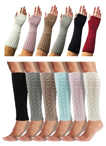 Winter Leg & Arm Warmers Sleeves, 12 Pairs Womens Premium Long Thermal Cable Knit Fingerless Gloves