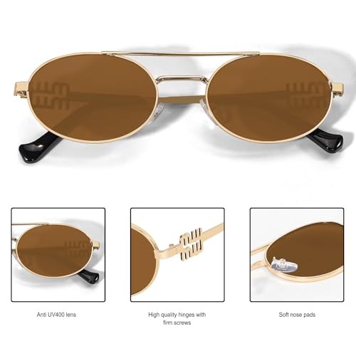 Image of Rmerom Retro Gold Metal Oval 90s Sunglasses for Women Small Chic Sunnies | Trendy Narrow Sun Glasses UV400 protection 2026 Fashion Accessories Vacation Must Haves Travel Beach Outfits
