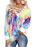 Women's Tie Dye Shirt Long Sleeve 70s Hippie Vintage Boho V Neck Lace Up Loose Fit Tunic Tops 2026 Multicoloured