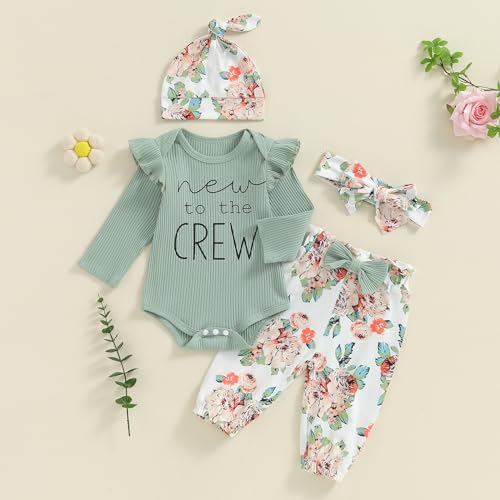 Madjtlqy Newborn Baby Girl Fall Winter Clothes Long Sleeve Ribbed Romper Top Bow Pants Headband Hat Set Coming Home Outfits2