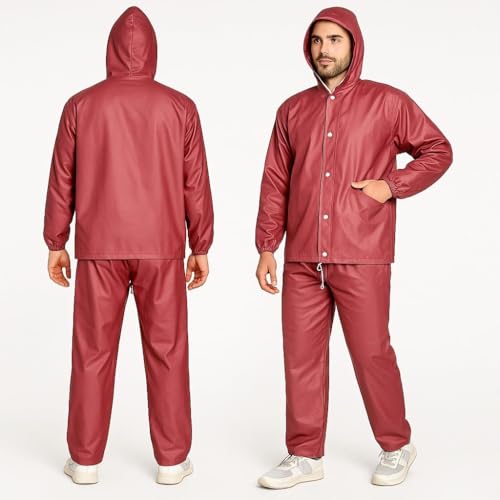 Image of HACER Wood Raincoat Set with Drawstring Hem Adjustable Hood & Pants Rain Gear Wet Weather Protection Rainsuit with Carrying Pouch