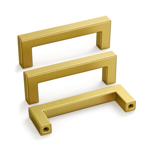 Goldenwarm 15 Pack 3 Inch Gold Cabinet Handles Brushed Brass Drawer Pulls