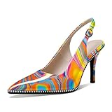 Zamikoo Women Beaded Pumps High Heel Slingback Pointed Toe Slip On Stilettos Ankle Strap Adjustable Buckle Dress Shoes Party Event Multicolor Heat Heels 3.5 Inches US Size 7.5