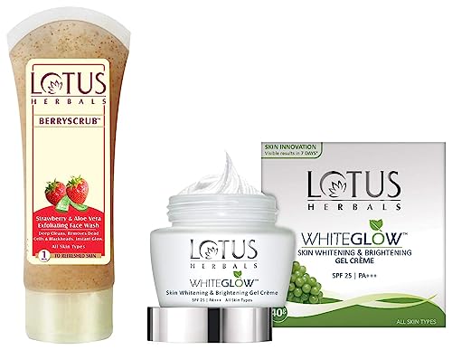 Image of Lotus Herbals Whiteglow Skin Whitening & Brightening Gel Cream, SPF-25, 40g and Lotus Herbals Berry Scrub Strawberry & Aloe Vera Exfoliating Face Wash, 120g