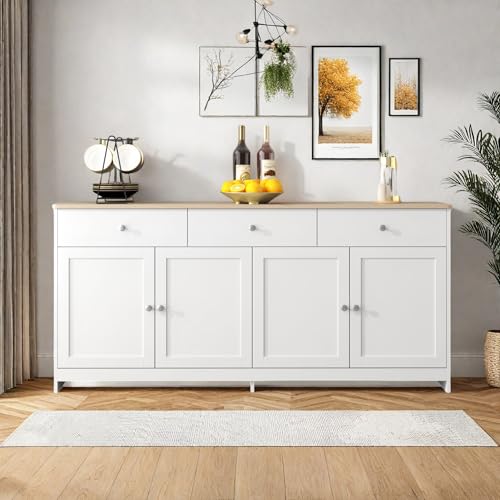 HFASD Aparador, aparador comedor con 4 puertas y 3 cajones, armario de cocina con encimera, mueble de almacenamiento para sala de estar, cocina, comedor, blanco, 160 x 37 x 75 cm