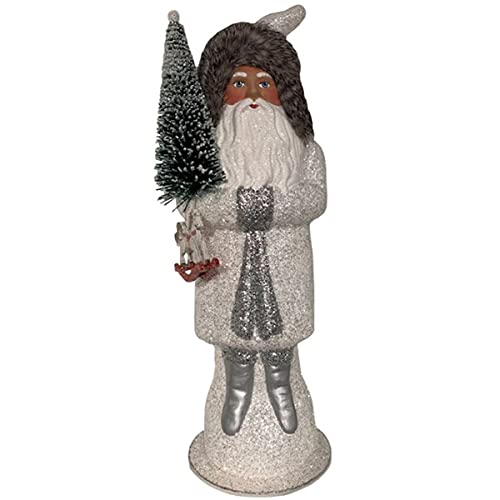 Alexander Taron 1944 Schaller Paper Mache Candy Container-Santa with White Glittered Coat, Gray
