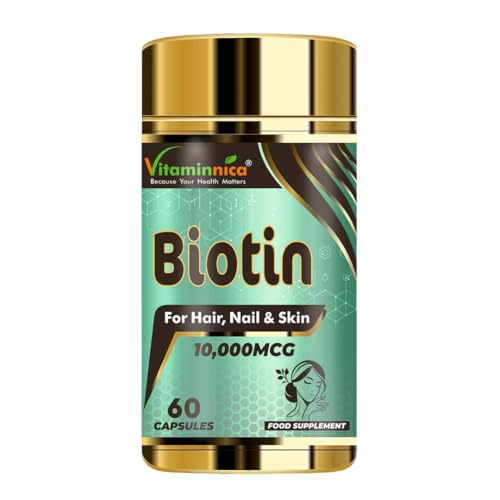 Vitaminnica Biotin 10000 mcg Vegetable Capsules - High Strength Formula - Supports Hair Growth, Glowing Skin, Energy & Vitality - Suitable for Vegans - Pack of 60-2 Months Supply