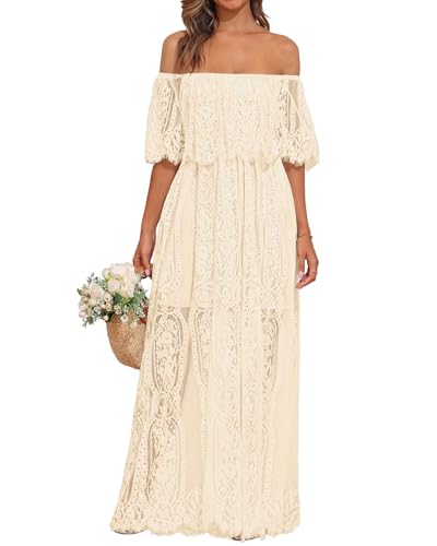 Holipick Beige Maxi Dress Floral lace Off Shoulder Beach Boho Wedding Photoshoot Maternity Bridal Shower Dresses Bride