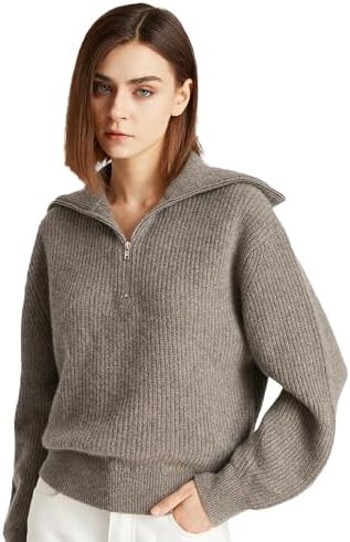 GreenMount Women's Zipper Cashmere Lapel Pullover Sweater Soft an...