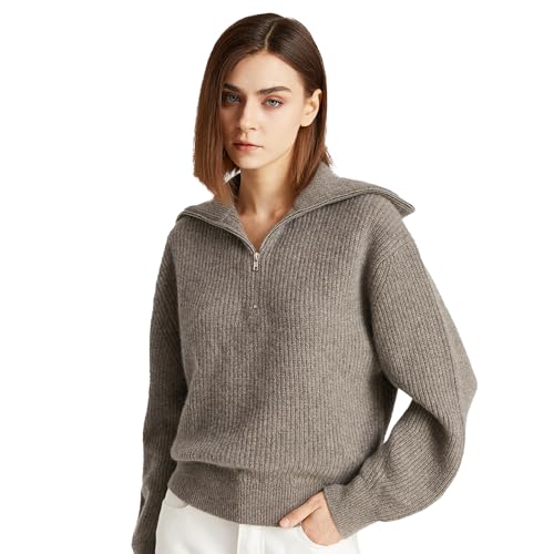 GreenMount Women's Zipper Cashmere Lapel Pullover Sweater Soft and Warm Long Sleeves for Women
