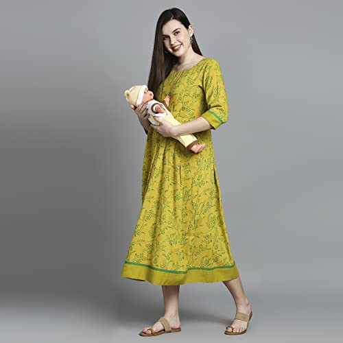 Image of DUMMY SHAPE Feeding Kurtis for Women Cotton | Fashionable Printed Green Maternity Kurta with Nursing Zippers for Pre & Post Partum (DS-MAT-P056-S)
