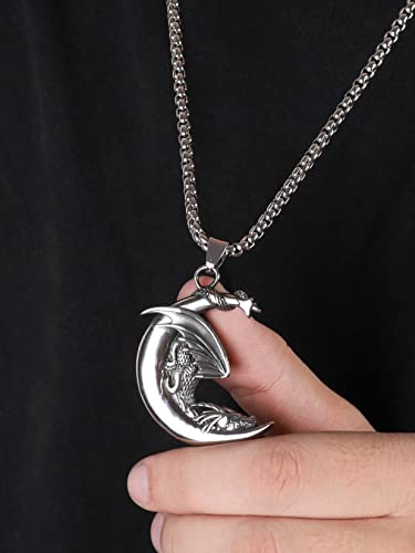 HAQUIL Dragon Necklace for Men, Stainless Steel Slumbering Dragon on Crescent Moon Pendant, Box Chain, Animal Totem Jewelry Gift4