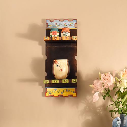Image of AAKRITI ART CREATIONS Hand-Painted Brown Wooden Wall Magazine Holder | Decorative Storage Organizer, Floral Art, Matte Finish | Wall Mount Shelf for Home