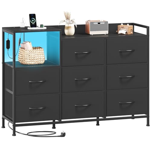 Somdot Kommode Wohnzimmer, Steckdose & LED, 8 Stoffschubladen, Schwarz – Ansicht 1
