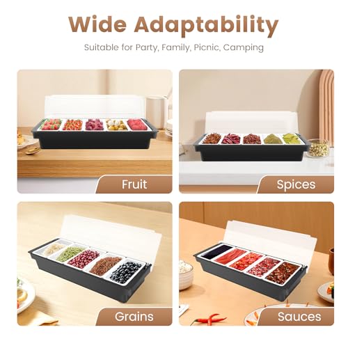 5 Compartment Chilled Condiment Server Tray Icy Condiment Bar Chilled Condiment Tray with Lid and 5 Removable Compartments for Fruits, Candies, Dips, Salad Toppings, 19.7 x 5.9 x 3.9 Inch