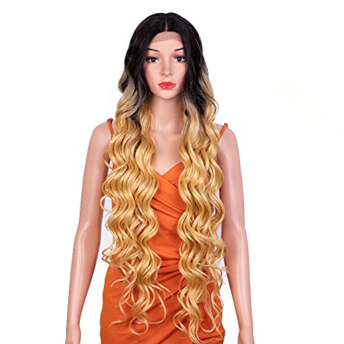 NOBLE STAR Long Wavy Lace Front Wigs 40 Inches T Part Lace Wavy Wigs Heat Resistant Synthetic Wigs for Daily Party Cosplay Use (Ombre Honey Blonde)