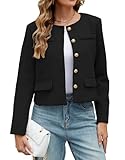 Ladyful Womens Cropped Tweed Blazer Jacket Collarless Long Sleeve Office Work Coat Fall Business Outerwear Black
