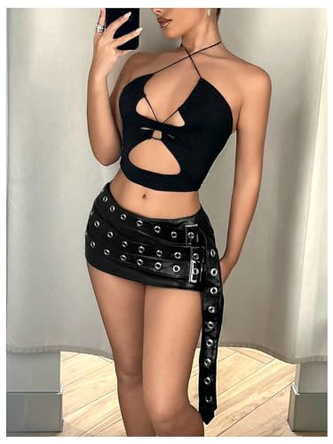 MakeMeChic Women's PU Leather Buckle Bodycon Mini Skirt Grommet Eyelet Summer Y2K Party Short Skirts4