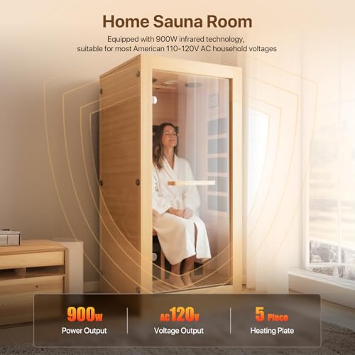 ToTibuy Far Infrared Sauna Home Sauna Room Indoor 1 Person Sauna Wood Saunas 900W 120V with Red Light Bluetooth Speakers 28.35"x32.28"x61.42"