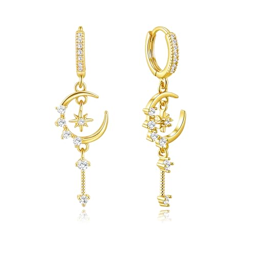 Weviway Silver Moon and Star Drop Earrings, 14K Gold Plated Cubic Zirconia Hoop Dangle, 4cm Length, Gifts for Women Girls