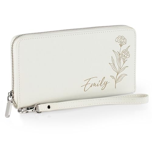 Personalized Women's Wallet with Name & Birth Flower - Customized Wristlet Wallet, Custom Engraved Bifold, 11 Card Slots, Zipper Coin Pocket - White - Gift for Her, Wife, Mom, Daughter