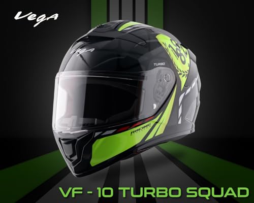 Image of Vega VF 10 Turbo Squad Full Face Motorcycle Helmet with Dual-Tone Design, Shock Absorbing Liner, Lightweight Build, Ventilated Fit, Aerodynamic Design, and Trendy Black Neon Yellow Finish Black Neon Yellow -L