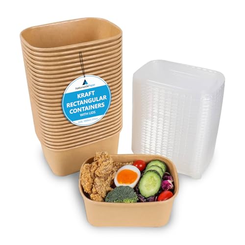 Nationwide Paper 1000ml Kraft Brown Food Containers with Lids, 50-Pack Eco-Friendly Takeaway Lunch Boxes for Restaurants, Street Food, and Party Use