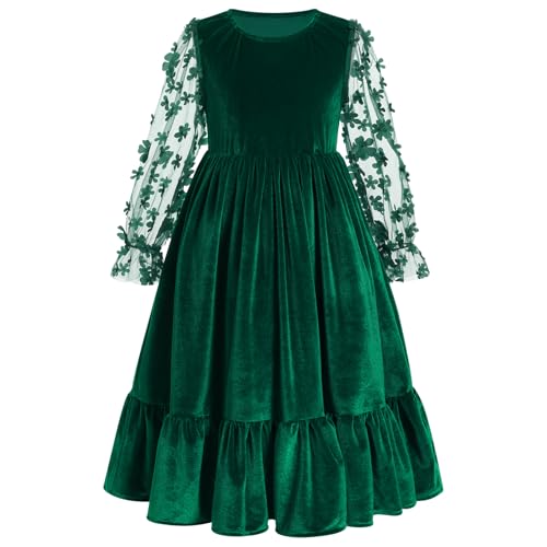 ODIZLI Kids Girls Fall Winter Xmas 3D Flower Mesh Long Puff Sleeve Velvet Ruffle Dress Wedding Flower Girl Dress