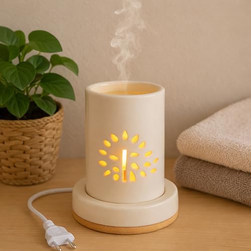 Image of Pure Source India Electric Ceramic Aroma Oil Burner with Warm Light | Essential Oil Diffuser Lamp for Home, Bedroom & Spa | Smoke-Free Fragrance Warmer (White)