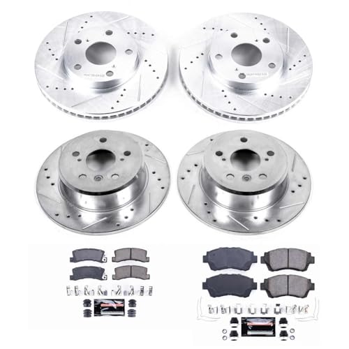 Image of PowerStop Front and Rear Brake Kit for Lexus ES300 1992-96 | Toyota Camry 1992-96 - Drilled and Slotted Disc Rotors with Carbon-Fiber Ceramic Brake Pads Replacement, K2776