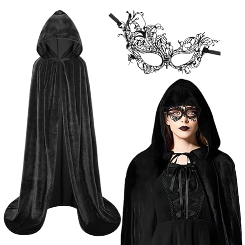 AUYAO Capa preta com capuz veludo, disfarce de vampiro Halloween, capa de bruxa com máscara, longa para mulher e homem, festa de Natal, 150 cm