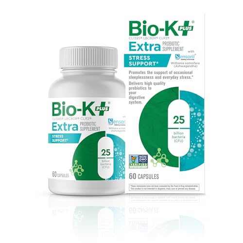 Bio K+ Extra Stress Support with Sensoril - Ashwagandha – Vegan Probiotics Supplement for Everyday Stress, Supports Sleep - 25 Billion CFU 3 Strains – 60 Capsules