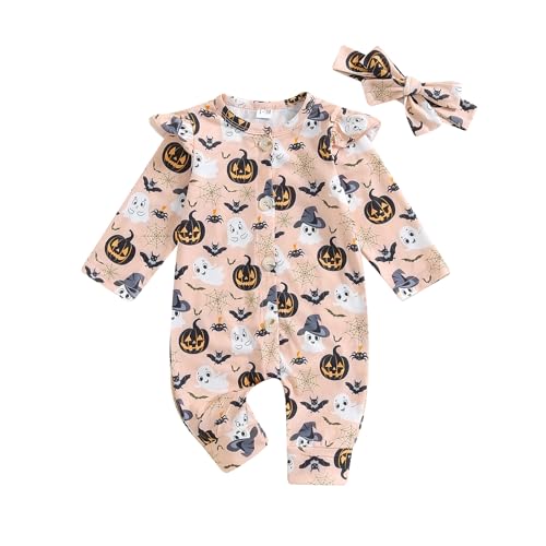 Image of Kavousa Halloween Newborn Baby Girl Clothes Infant Pumpkin Long Sleeve Romper Jumpsuit Halloween Outfits (Halloween F, 3-6 Months)