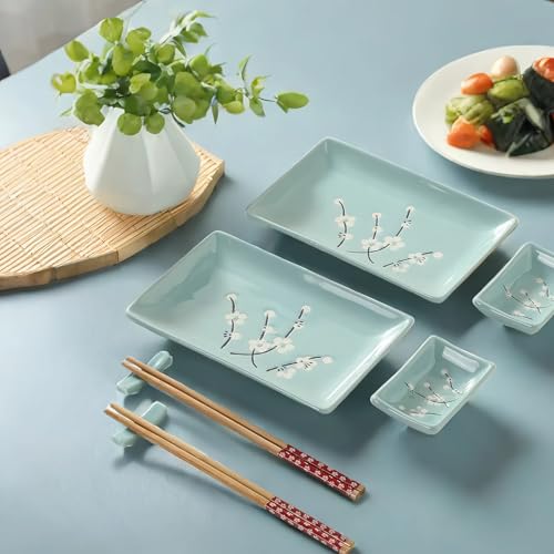 Image of 8 pcs Japanese Sushi Plate Sets Serving Platters and Trays for Entertaining Sushi Dishes Set Plates Sushi Plates Traditional Cuisine Dinnerware Sets with Chopsticks Blue Plum