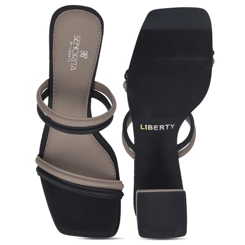 Image of Liberty Senorita STY-162E Heels for Women - Beige Block Heel Slip-On Sandals | Soft Cushioned Footbed, Lightweight Fashion Footwear for Festive, Party, Wedding, Ethnic, College